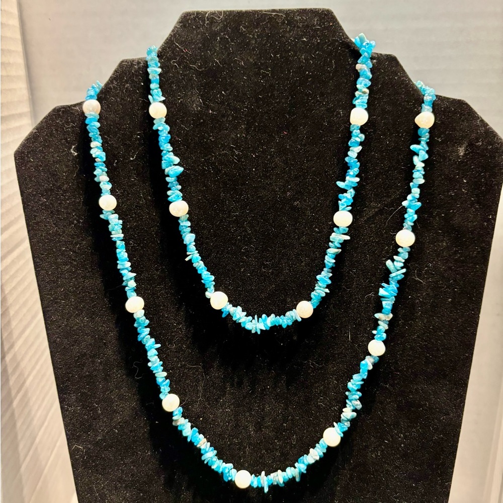 Turquoise Beaded Pearl 36” Necklace